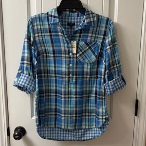Talbots Blue & Aqua Plaid Popover Cotton Shirt - Size P